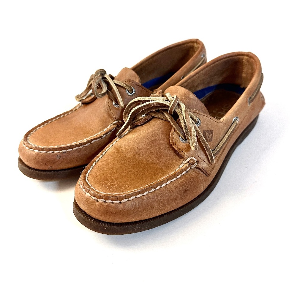 Sperry Tan Leather 2-Eye Boat Shoes with Moccasin Style and Rawhide Laces